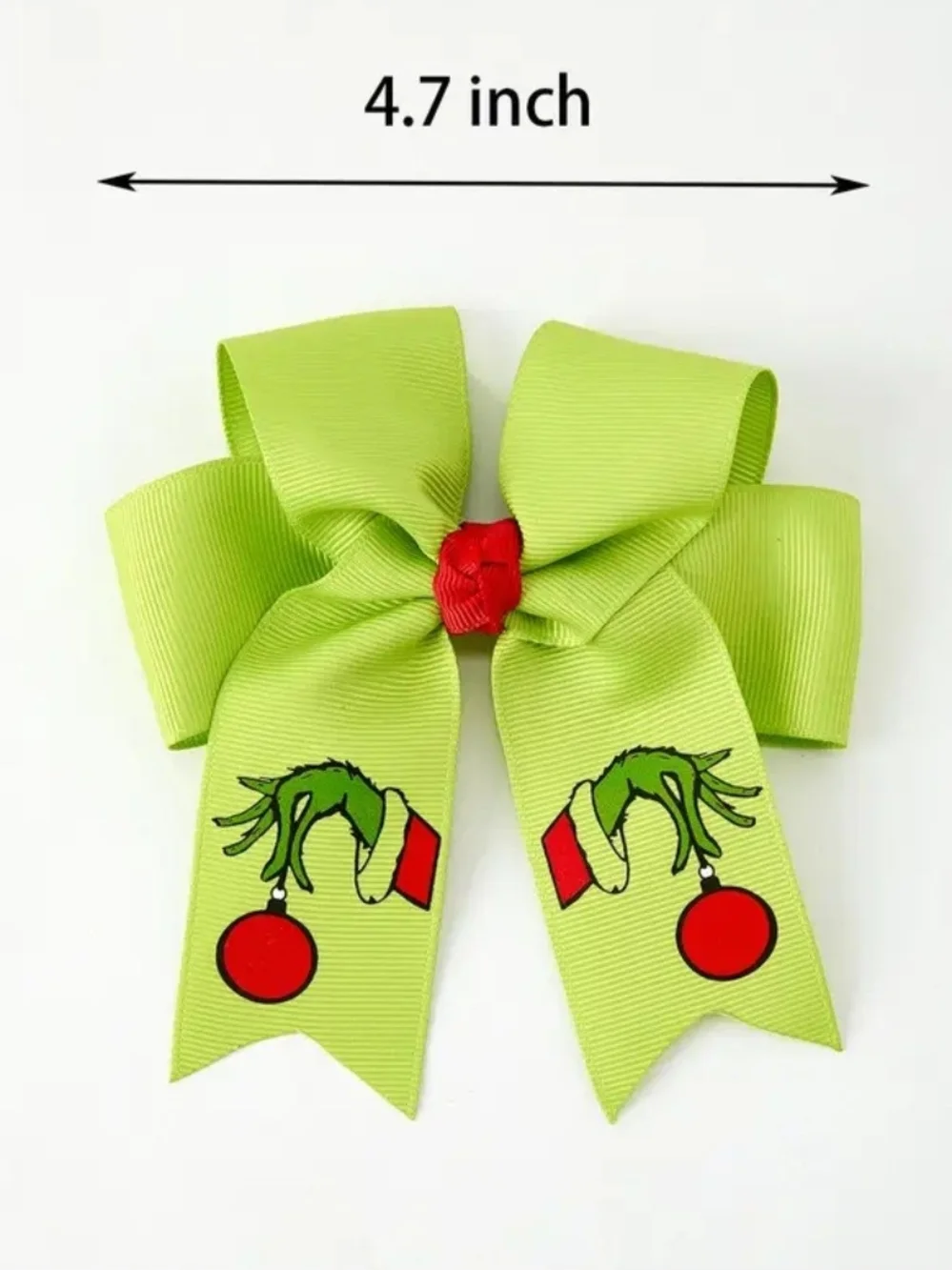 Kids Green Grinch Bow Hair Clip with Red Ornament Accent